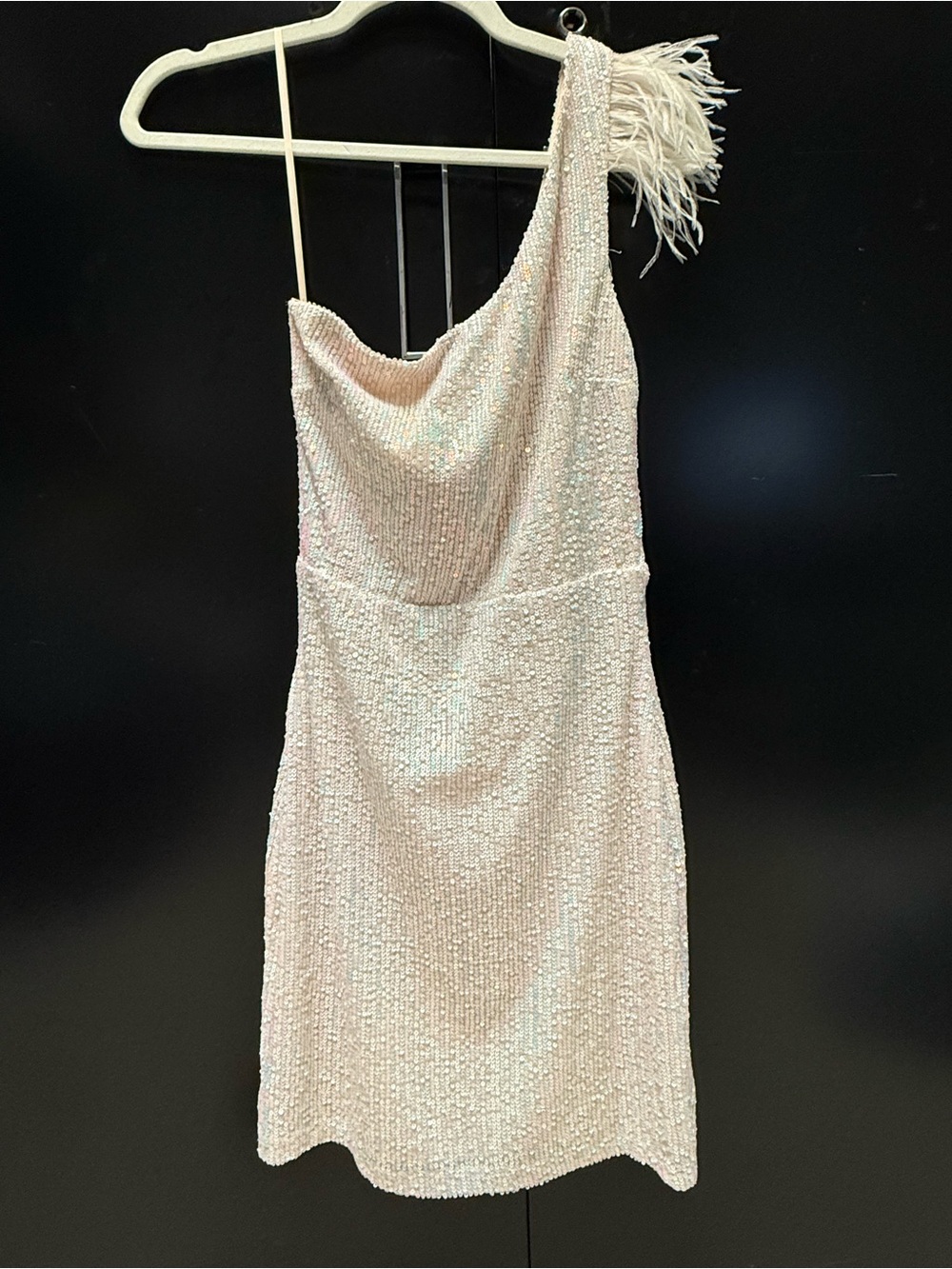 Windsor One-Shoulder White Sequin Mini Dress with Feather Shoulder